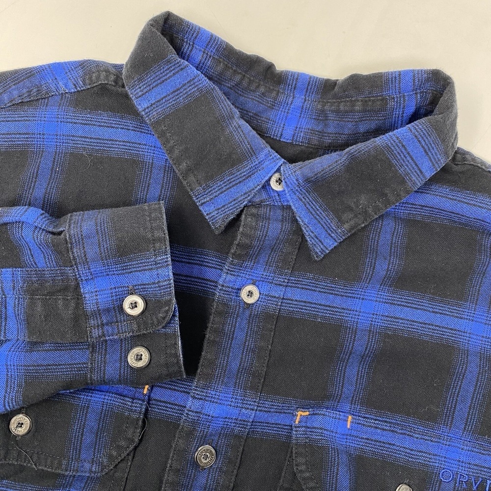 Orvis Flannel Shirt Mens Medium Blue Black Plaid Stretch Elbow Patch Button Down